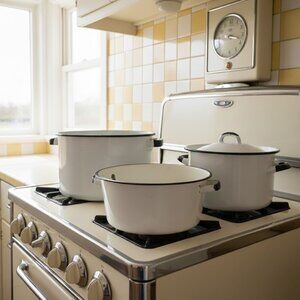 Vintage White Enamelware Pot Set 4pc Made in Poland Black Trim Farmhouse Decor